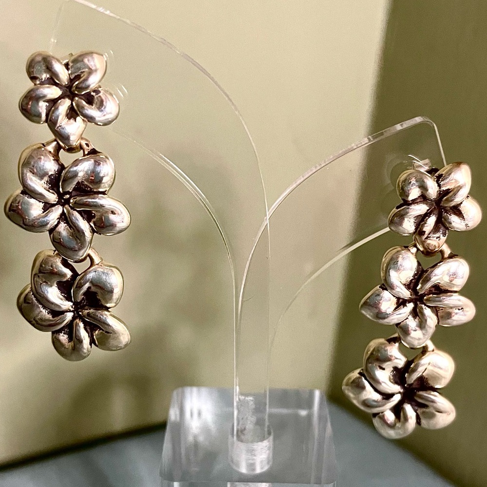 VINTAGE STERLING SILVER 925 FLOWERS DANGLE EARRINGS